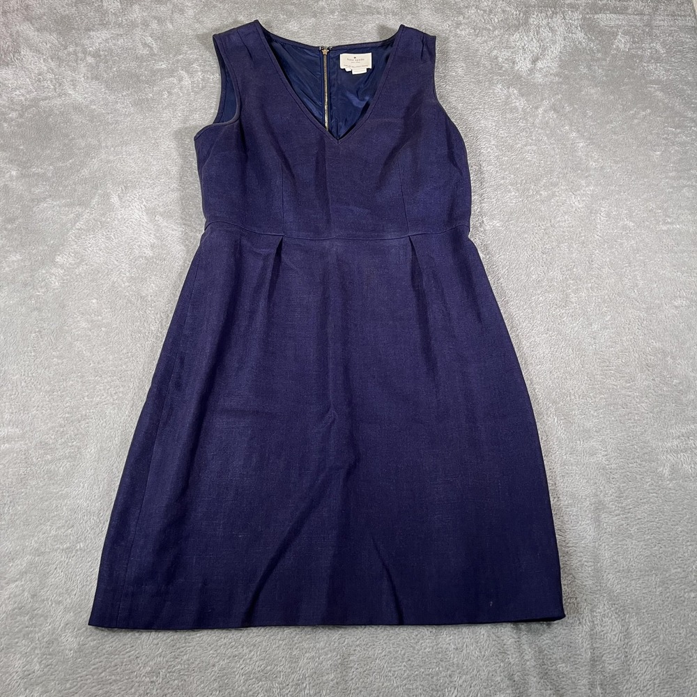 Kate Spade Dress Womens 12 Navy Linen Blend Sleeveless Sheath V Neck Work Career